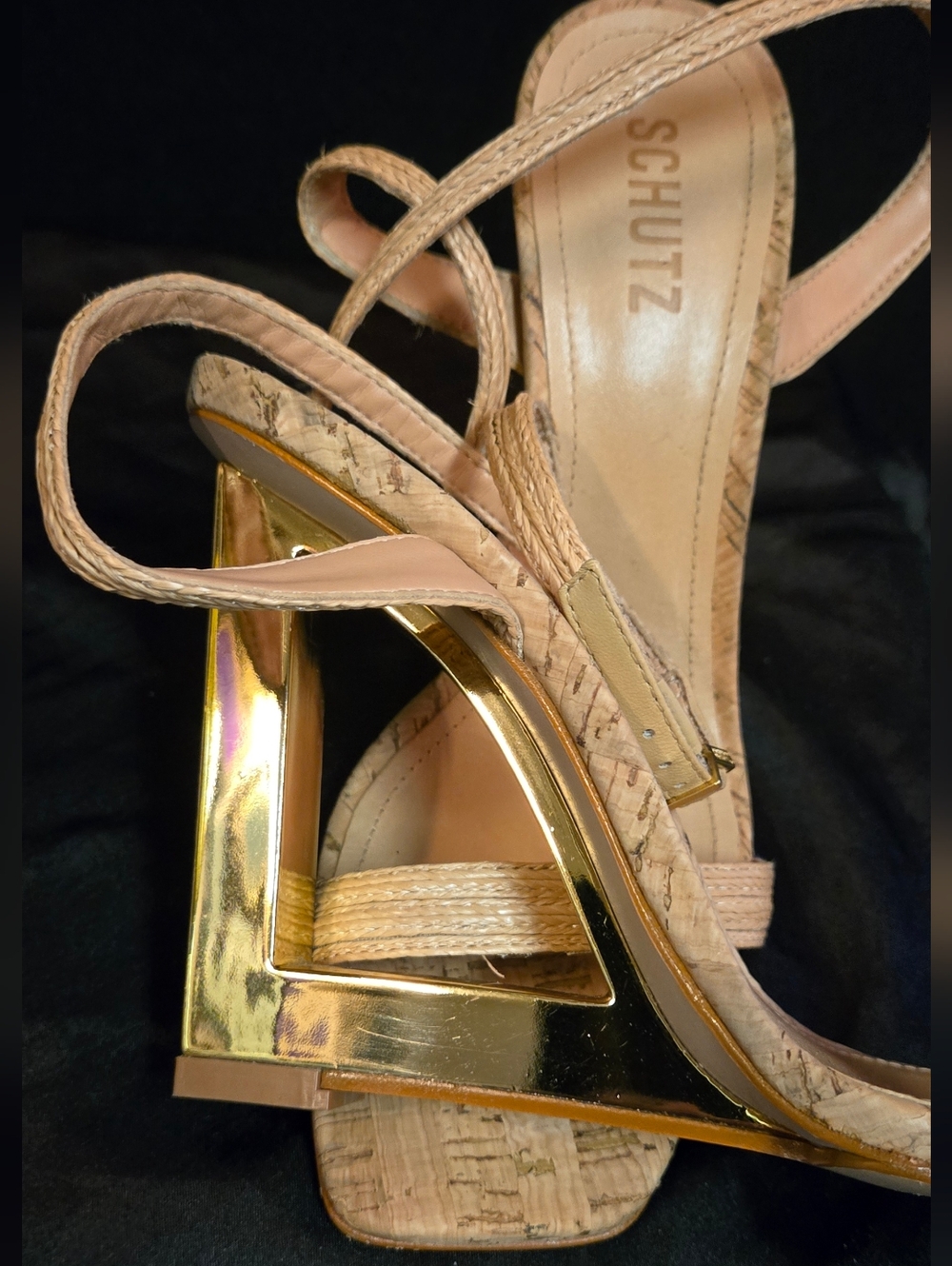 SCHUTZ  Nude Cork Sandals with Gold Block Heel